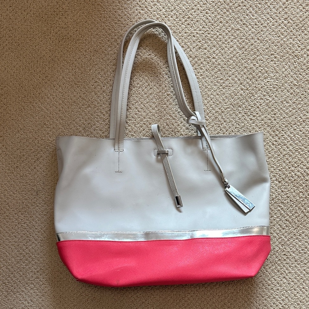 Vince Camuto Off White and Pink Colorblock Leather Tote Bag with Canvas Insert